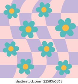 Vector seamless pattern of groovy retro checkered texture with flowers isolated on lilac background