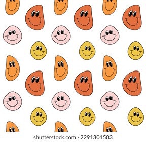 Vector seamless pattern of groovy retro smile face isolated white background