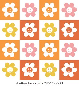Vector seamless pattern of groovy retro flowers isolated on chessboard checkered background