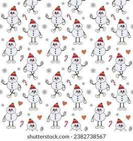 Vector seamless pattern of groovy retro cartoon snowman isolated on white background