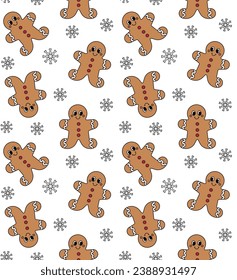 Vector seamless pattern of groovy retro cartoon Christmas ginger bread isolated on white background