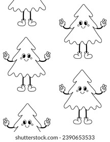 Vector seamless pattern of groovy retro cartoon Christmas tree isolated on white background