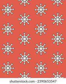 Vector seamless pattern of groovy retro cartoon snowflakes isolated on red background
