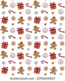 Vector seamless pattern of groovy retro cartoon Christmas elements isolated on white background