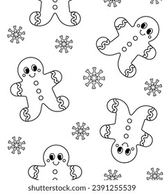 Vector seamless pattern of groovy retro outline cartoon Christmas ginger bread isolated on white background