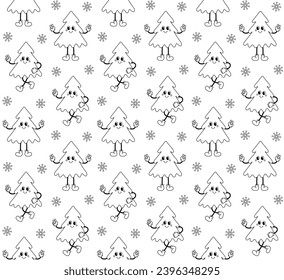 Vector seamless pattern of groovy retro cartoon Christmas tree isolated on white background