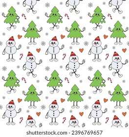 Vector seamless pattern of groovy retro cartoon Christmas tree and snowman isolated on white background