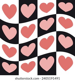 Vector seamless pattern of groovy retro heart chessboard background