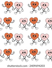 Vector seamless pattern of groovy retro cartoon couple of hearts isolated on white background