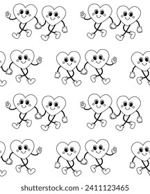 Vector seamless pattern of groovy retro cartoon outline couple of hearts isolated on white background