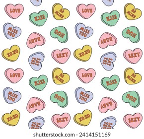 Vector seamless pattern of groovy retro cartoon colored Valentine love candies isolated on white background