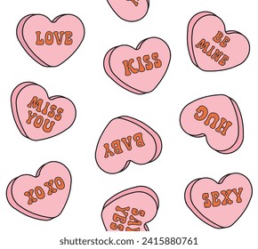 Vector seamless pattern of groovy retro cartoon Valentine love candies isolated on white background