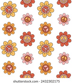 Vector seamless pattern of groovy retro peace sign and flowers isolated on white background