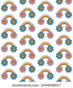 Vector seamless pattern of groovy retro cartoon rainbow with flowers isolated on white background