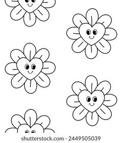 Vector patrón sin fisuras de la flor de contorno de dibujos animados retro groovy con corazón aislado sobre fondo blanco