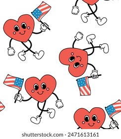 Vector seamless pattern of groovy retro cartoon heart with USA flag isolated on white background