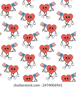 Vector seamless pattern of groovy retro cartoon heart with USA flag isolated on white background