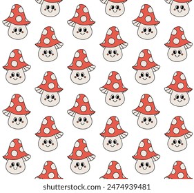 Vector seamless pattern of groovy retro cartoon fly agaric mushroom isolated on white background