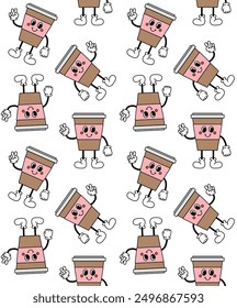 Vector seamless pattern of groovy retro cartoon take away coffee isolated on white background