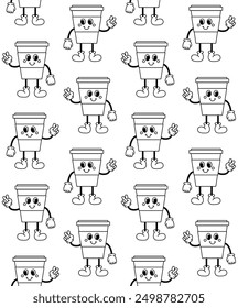 Vector seamless pattern of groovy retro cartoon outline take away coffee isolated on white background