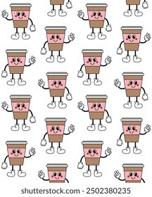 Vector seamless pattern of groovy retro cartoon take away coffee isolated on white background