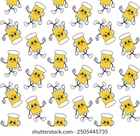 Vector seamless pattern of groovy retro cartoon beer mug isolated on white background
