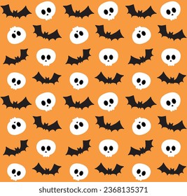 Vector seamless pattern of groovy skull and bats isolated on orange background