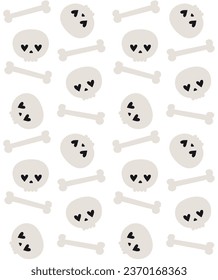 Vector seamless pattern of groovy skull and bones isolated on white background