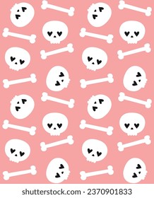 Patrón vectorial sin fisuras del cráneo gruñón y huesos aislados en fondo rosa