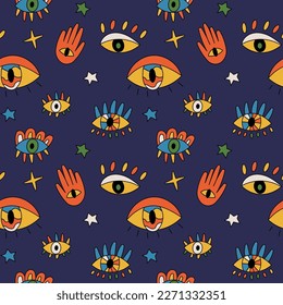 Vector seamless pattern with groovy style eyes on dark blue background. Design for fabric and paper, surface textures.