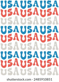 Vector seamless pattern of groovy USA flag lettering isolated on white background