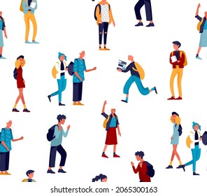 Vector seamless pattern with group of friends schoolchildren character are laughing and talking. Stylish smiling boys and girls. Friendly group of go in school to study. Colorful vector