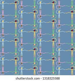 Vector seamless pattern of group of women of different nationalities and skin color. Race equality, tolerance, diversity of people. Female solidarity. On blue background.