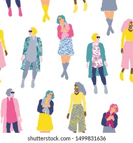Vector seamless pattern with group of women. Colorful illustration of girlfriends in hand drawn style. Trendy diversity design.