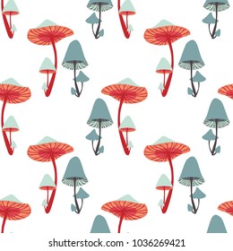 Vector seamless pattern. Groups of colorful mushrooms on white background. Simple cartoon illustration.