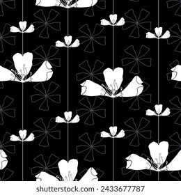 Vector seamless pattern: Growing Upwards. White flowers on vertical strings in front of a black background lightened up by subtle flower outlines. Part of First Floral collection.