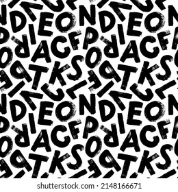 Vector seamless pattern with grunge letters of the alphabet in random order on a white background. Hand drawn grunge ink illustration. Handwritten latin letters. Black textured brush strokes.