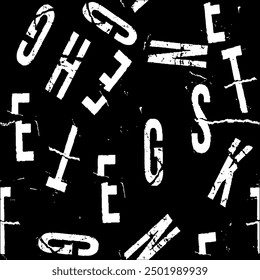 Vector seamless pattern with grunge letters of the alphabet in random order on a white background. Hand drawn grunge ink illustration. Handwritten latin letters. Black textured brush strokes.