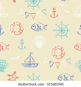 Vector seamless pattern. Grungy sketch illustration. Nautical sea background. Anchor, fish, boat, shell, gull and starfish in red, blue and white on sandy yellow.