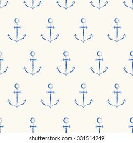 Vector seamless pattern. Grungy sketch illustration. Nautical sea background. Rows of blue anchors on white background.