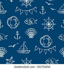 Vector seamless pattern. Grungy sketch illustration. Nautical sea background. Anchor, fish, boat, shell, gull and starfish in white on navy blue background.