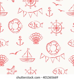 Vector seamless pattern. Grungy sketch illustration. Nautical sea background. Anchor, fish, boat, shell, gull and starfish in red on white background.