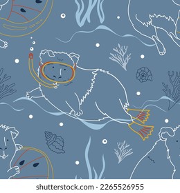 Vector seamless pattern guinea pig on vacation. A guinea pig floats on an air mattress and scuba dives. Design for printing on textiles, paper, packaging, wallpaper.