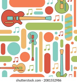 Vector seamless pattern with guitar and music notes, different bright geometric figures. Hand-drawn flat illustration perfect for design fabric and textiles, wrapping paper, music poster and banner. 