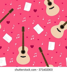 Vector seamless pattern with guitars, lyrics, notes and hearts. Creativity, writing love songs, serenade. Valentine's day pink texture for wrapping paper, gift bag, web and ads design.