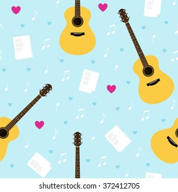 Vector seamless pattern with guitars, lyrics, notes and hearts. Creativity, writing love songs, serenade. Valentine's day light blue texture for wrapping paper, gift bag, web and ads design.