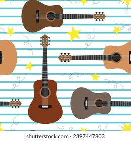 Vector seamless pattern with guitars and stars. Musical background with guitars