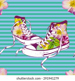 Vector seamless pattern with gumshoes and roses. Hand-drawn ink pen and watercolor illustration. 