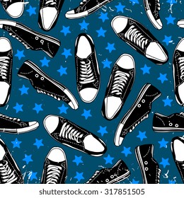 Vector seamless pattern with gym shoes on grunge background with stars