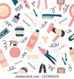 Vector seamless pattern for hair salon. Hair instruments and elements on white background